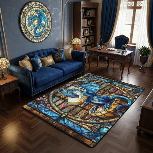 feelingyou Westlicher Drache Wohnzimmer Teppich 150x200cm Geometrische Fantasy Buchregal Schlafzimmerbereich Teppich für Jungen Mädchen Trippy Chic Bodenmatte Heimdekor