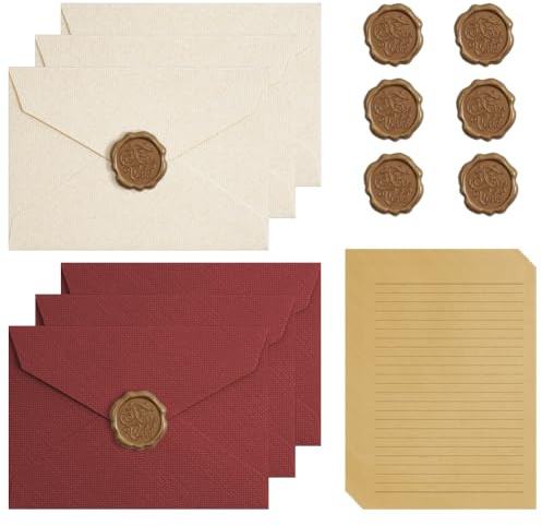 AOOSU Vintage Briefpapier mit Umschlag, 22 Stück Briefumschläge Briefpapier Set mit 10 Blatt A5 Briefpapier Liniert, 6 Leinenumschlag Umschlägen und 6 Wachssiegel, für Einladung und Liebesbrief