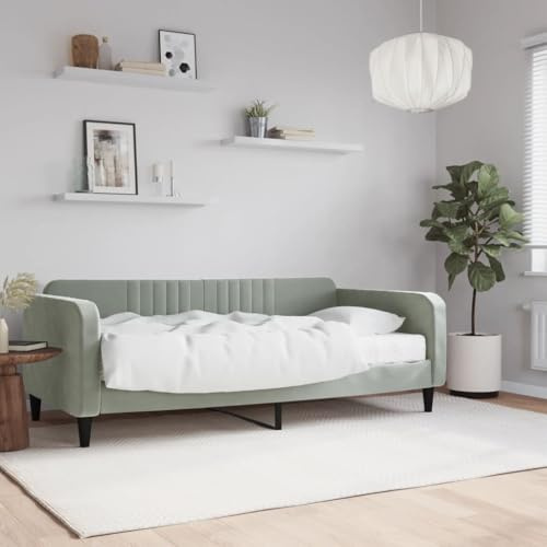 QJBSAVVA Tagesbett 90x190 cm Hellgrau Samt, 2in1 Schlafsofa Holz-Metall-Rahmen, Matratze Gäste-/Jugend-/Wohn-/Schlafzimmer
