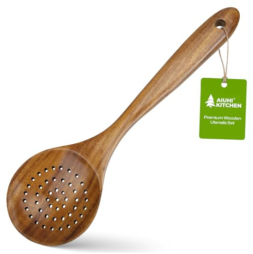 AIUHI Wooden Slotted Spoon, Teak Wood Strainer Spoon, Handmade Cooking Skimmer
