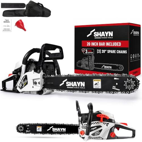 SHAYN 58cc Petrol Chainsaw - 3 Years Warranty - 2-Stroke Top Handle Chain Saw with 20 Bar, 3 Spare Chain, Anti-Vibration, Low-Noise, Auto Oiler, Toolkit & Carry Bag - Lightweight Garden Saw