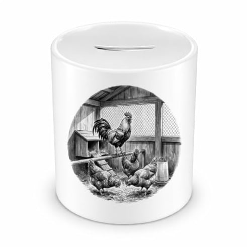 Samunshi® Spardose mit dem Motiv Hahn und Hühner im Stall - Spardose für Hahn und Hühner Fans Sparschwein mit Tier Motiv Sparbüchse Cash Money Geld weiß 330ml