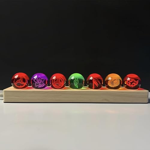 FIYSON 7 Stück Naruto Balls, 3D Sharingan Kristallkugel Nachtlicht, USB 40mm GlasKugel, mit Holzsockel, Naruto Shippuden LED Ball Lampe Anime-Fans Sammlerstücke Geschenk (Stil 4)