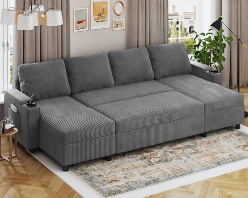 Devoko Ecksofa mit Schlaffunktion und Bettkasten U-Form Sofa 4-Sitzer Ausziehbares Schlafsofa Leinen Couch Kleines Schlafcouch für Wohnung und Wohnzimmer, Grau