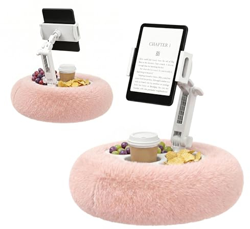 PlusAcc Cojín para Kindle con 3 Boles para Snacks – Soporte Tableta cojín, Ajustable 360° para Usar en el Regazo, Soporte de Lectura Manos Libres para Kindle, Kobo, tabletas, Lavable (Rosa)