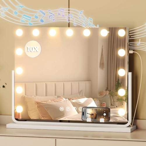 YITAHOME 15 LED Hollywood Vanity Makeup Mirror with Bluetooth Speaker | 58x46cm, 360° Rotatable, USB & Type-C Port, 3 Lighting Modes,Magnification 10X & Phone Holder, Tabletop or Wall Mounted,White