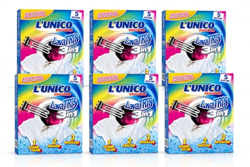 LavaTris 3 in 1, Assorbi Colore Smacchia Anticalcare, Bustine Lavatrice Multiuso per Bucato, Protezione Colori e Rimozione Macchie - 6 Unita da 5 Bustine