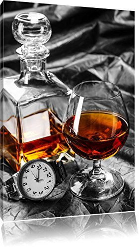 Pixxprint Man Things mit Whiskey und Uhr B&W, Größe: 100x70cm, Leinwandbild, fertig gespannt, Wandbild, Dekoration, Kunstdruck, kein Poster