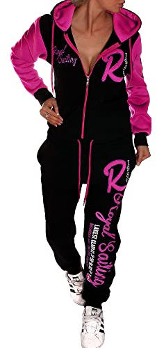 Jaylvis Damen Sportanzug Traningsanzug Jacke und Hose Baseball A.Royal Sailing A.2255 Schwarz-Pink L 42