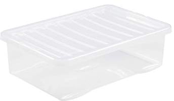 Wham Clear Plastic Storage Box Boxes With Lids Home Office Stackable Nestable, 32L Underbed, Set of 5