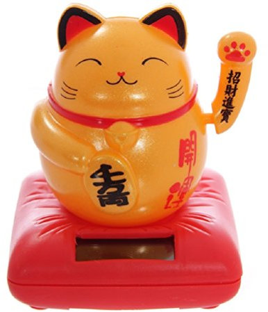 bick.shop Winkekatze Glücksbringer SOLAR Maneki Neko Feng Shui Katze auf Kissen Glückskatze (gelb)