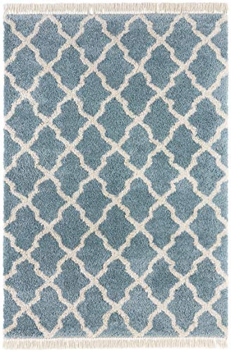 Mint Rugs Teppich Pearl Hochflor Wohnzimmer-Teppich Weich Flauschig Langflor Shaggy Flokati Skandi Muster mit Fransen für Kinderzimmer Schlafzimmer Küche Flur Blau Creme 80x200 cm