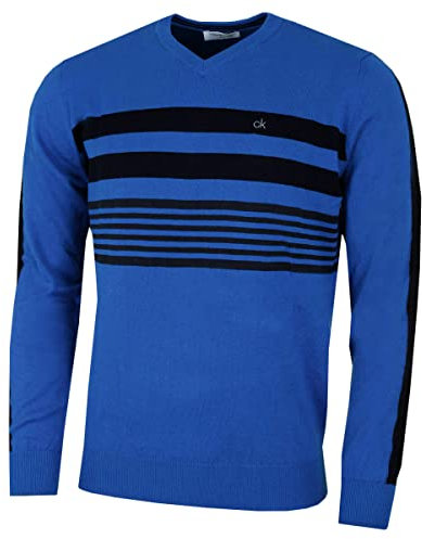 Calvin Klein Mens V Neck Performance Soft Chest Stripe Sweater