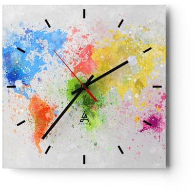 ARTTOR Moderne Wanduhr 40x40cm Quadrat Glasuhr Weltkarte Pastell - 3559 | Karte Welt Zeitgenössisch Glas Analog Wanduhr Lautlos Wanddekoration Wohnzimmer Küche Wanddeko Küchenuhr Geräuschlos ARTTOR