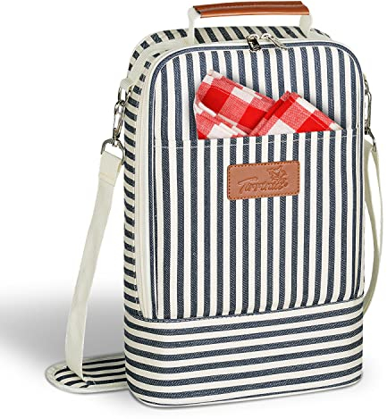 Tirrinia Insulated 2 Bottle Wine Gift Tote Bag - Wine Tumbler Glass Cooler Carrier for BYOB Restaurants, Wine Tasting, Travel, Park, Beach, Great Wine Lover Gift, Blue Stripe