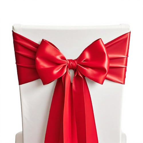 SINSSOWL Lot de 50 Rubans de Chaise en Satin Rouge 17,8 x 274,3 cm - Nœuds pour Mariage, Décoration, Fête d'Anniversaire, Événements, Fête Prénatale