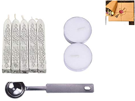 Febbya Siegellack Sticks, 5 Stück Siegelwachs mit 2 Stück Kerzen und 1 Stück Löffel für Wachssiegel Briefumschläge Brief Briefeinladungskarte Silber
