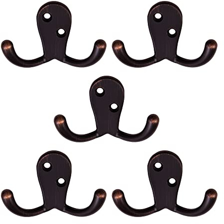 Design House Coat Hooks, Double Prong Hooks, Wall-Mounted, Steel Construction, Bath Robe & Towel Hooks, Oil Rubbed Bronze, 5-Pack, 2.86 in. W x 1.65 in. H x 0.98 in. D, 207738