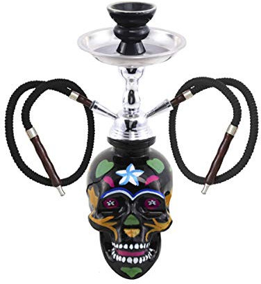 MADGROW. Chicha CATRINA, Tête de mort en verre sur le socle. Corps de métal. Noir. 30 cm. 2 tuyaux. Super Pack : 5 buses XXL + pinces/perforateur + poêle + brosse.