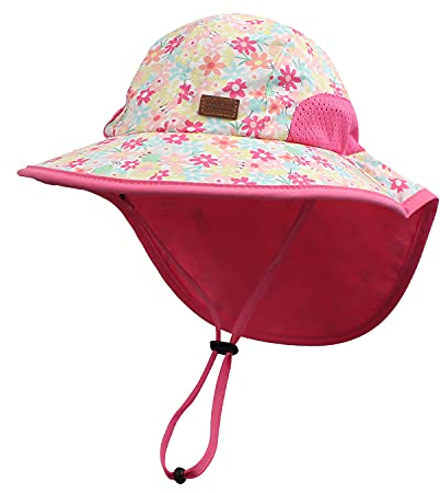 Pesaat Baby Sonnenhut Mädchen Mit UV-Schutz Sonnenmütze Baby Junge Mit Nackenschutz Sommermütze Kinder Babymütze Sommer(Gänseblümchen, Gr.1-4Jahren(48-52))