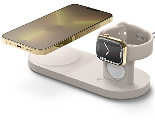 elago 2 in 1 Stand di Ricarica Compatibile con Mag Safe, Compatibile con iPhone 16/15/14/13/12, Tutte le Serie Apple Watch, Compatibile con AirPods 4/3 e Pro 2/1 [Caricatore Non Incluso] (Pietra)