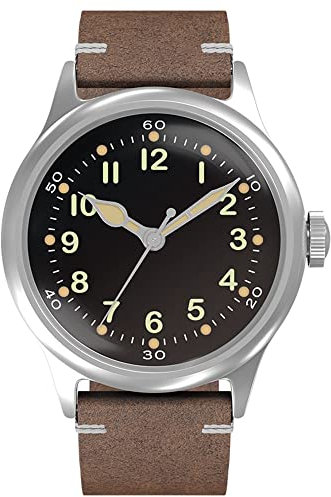 PRAESIDUS A-11 Service-Uhr für Herren, Militär-Automatikuhr, 38 mm/42 mm Edelstahlgehäuse, 50 m wasserdicht, schwarz/beigefarbenes Zifferblatt mit grün/weißem Lumen, schwarz/braun/grünes Leder/Canvas
