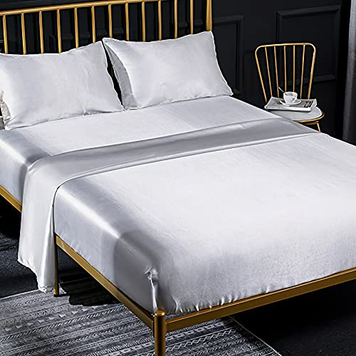 4 Pezzi Completo Lenzuolo Letto Matrimoniale, 1 x Lenzuola Sotto con Angoli Tinta Unita 200x200 cm con 1 x Lenzuolo Piatto e 2 x Federe, Biancheria da Letto in Raso, Bianco