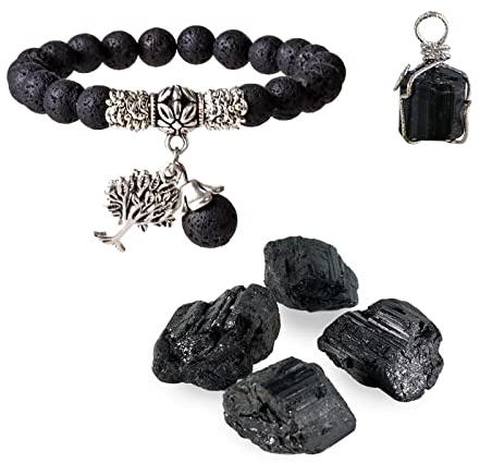 Soulnioi Kristalle und Heilsteine Sets für Anfänger 1pc schwarzer Turmalin Halskette, 1pc vulkanischen Stein Armband, 4pcs rohen schwarzen Turmalin für Meditation