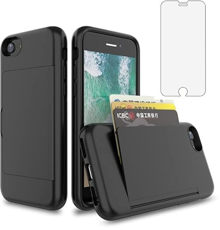 Asuwish Phone Case for iPhone 6/6s/7/8/SE 2020 with Screen Protector Cover and Credit Card Holder Stand Hybrid Cell i Phone7case Phone8case Six Seven 6a i6 i7 i8 7s 8s SE2020 SE2 2 Women Men Black