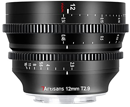 7Artisans - Lente de Cine APS-C de Gran Apertura T2.9 de 12 mm, Enfoque Fijo Manual, Lente de Cine de Baja distorsión Compatible con Fujifilm X-Mount, Color Negro