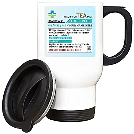 Getagift Personalised Name Tea Prescription Silver/White Insulated 14oz Travel Tea/Coffee Mug. (White)