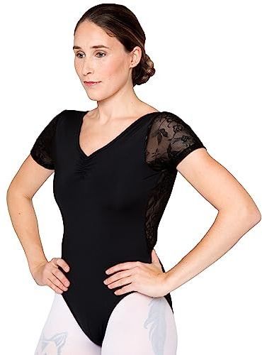 tanzmuster Ballett Trikot Damen Kurzarm - Muriel - BH-Pad-Einschub - tiefer Rücken - geraffter Ausschnitt - schwarz 36 - schwarzer Tanz Body - Ballettkleidung für Erwachsene