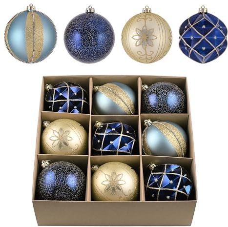 Valery Madelyn Weihnachtsbaumschmuck, 9 Karat Blau und Gold, bruchsichere Weihnachtskugeln, Dekorationsset, 10 cm, Pfau, hängende Baumdekoration, Großpackung für Weihnachten, Urlaub, Party-Dekoration