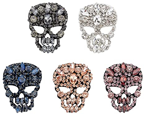 FINGERINSPIRE 5 Stück 5 Farben Totenkopf Glas Strass Perlen Patch 51x62 mm Stoff Zum Aufnähen Basteln Perlen Skelett Patches Große Strass Applikations Patches Für Kleidung Kleid Hut Jeans