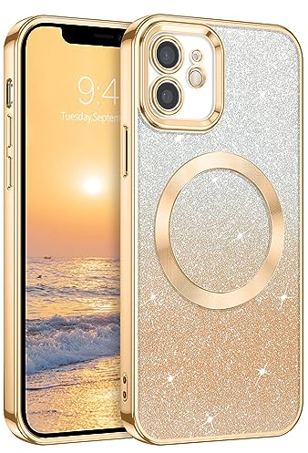 DUEDUE für iPhone 12 Hülle Glitzer 6.1'', iPhone 12 Handyhülle Glitzer mit Magnetische Stoßfeste Schutzhülle Soft TPU für iPhone 12 Hülle Mag-Safe Magnetische 6.1 Gold