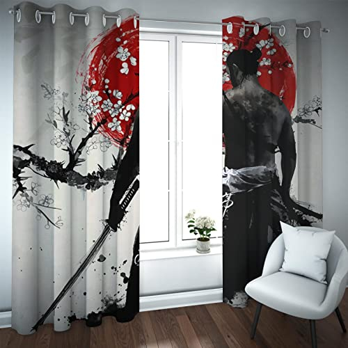 HengYun ART Verdunkelungsvorhänge im japanischen Stil Plum Bossom Japanese Warrior Thermisch isolierte Lichtblockierung Geräuschreduzierende Vorhänge für Schlafzimmer 2X W106xL213cm