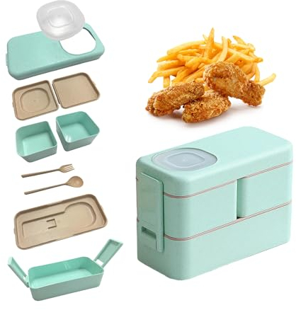 KVBUCC 1 Piece Green Double Layer Lunch Box, Stackable Food Container, Portable Lunch Box, heatable Lunch Box, Leak-Proof Salad Box, Reusable (1050ml)