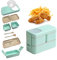 KVBUCC 1 Piece Green Double Layer Lunch Box, Stackable Food Container, Portable Lunch Box, heatable Lunch Box, Leak-Proof Salad Box, Reusable (1050ml)