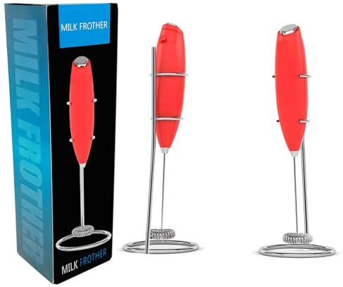 Electric Milk Frother Handheld Mini Foamer with Base Coffee Maker Egg Beater for Chocolate Cappuccino Frappe Stirrer Portable Blender Whisk Tools (Red)