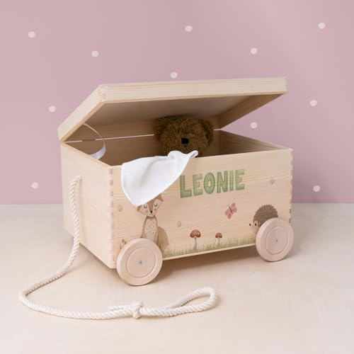 hellomini Personalisierte Spielzeugkiste aus Holz zur Aufbewahrung - Stapelkiste Holz - Spielzeugkiste Kinderzimmer - Personalisiertes Geschenk für Kinder (Fuchs)