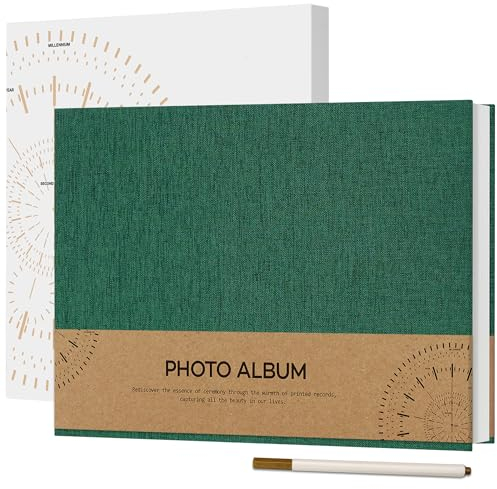 Vienrose Selbstklebend 10x15 Fotoalbum zum Selbstgestalten und Einkleben, Klein Leinen Fotobuch 60 weißen Seiten, Jahrestag Fotoalben mit Einem Kugelschreiber, 21,5x30cm, Dunkelgrün