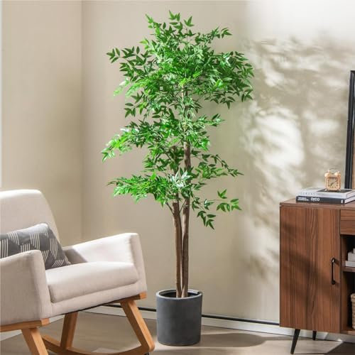 TANGZON 5FT/160CM Artificial Bamboo Tree, 1/2 Pack Tall Fake Bamboo Plant in Pot with 3 Real Wood Trunks & 1020 Lifelike Leaves, Potted Faux Tree for Living Room Bedroom Office Corner Decoration (1)