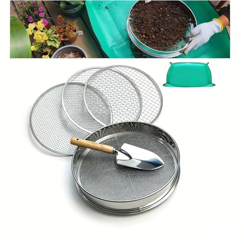 Setaccio per terriccio da giardino, diametro 30,5 cm, in acciaio inox, con 4 schermi sostituibili da 3, 6, 9, 12 mm e pala