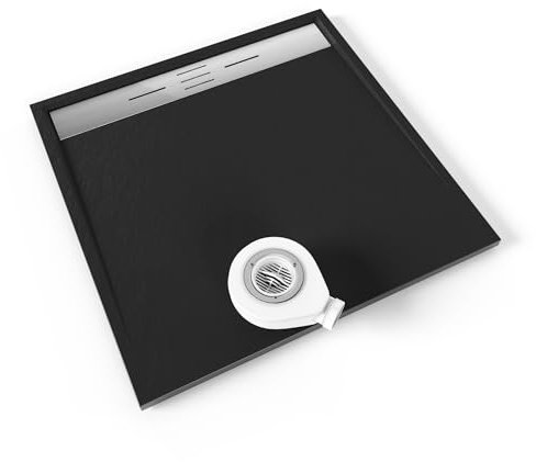 Moments of Glass SMC Duschwanne HIEMAL 100x100 cm Schwarz RAL7021 extra flache robuste Duschtasse aus langlebigem SMC, ANTI-Rutsch-Oberfläche in Schieferoptik inkl. Ablaufgarnitur mit Edelstahl Deckel