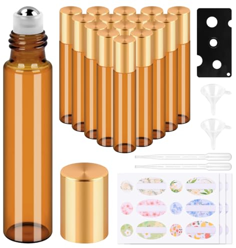 BELICOO Roll on Flasche Leer 10ml, 15 Stück Braune Ätherische Öle Roller Glasflaschen mit Pipette Edelstahl-Roller Ball für Parfüms, Kosmetika, Aromatherapie, Massage (Goldener Deckel)
