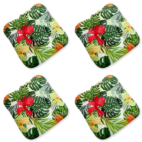 4L Textil 4er Set Stuhlkissen mit Bändern Indoor & Outdoor Sitzkissen 45x45 Gartenstuhlauflagen Sitzauflagen Bodenkissen 40x40 (Blumen Grün, 4er Set | 40x40 cm)