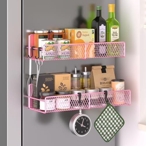 Magnetic Spice Rack for Refrigerator, 2 Pack 100% Metal Strong Magnet Shelf, Space Saving Spice Organizer W/ Hooks, Movable Magnetic Fridge Shelf, Kitchen Home Laundry Room Storage Organization, Pink
