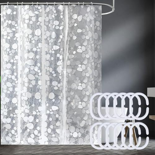 QEEROYO Tenda Doccia Antimuffa 180 x 200 cm, Traslucido Tenda da Bagno Impermeabile, con Motivo Ciottoli 3D, Asciugatura Rapida Antibatterica Lavabile, Con 12 Ganci in Plastica, per Famiglia, Hotel