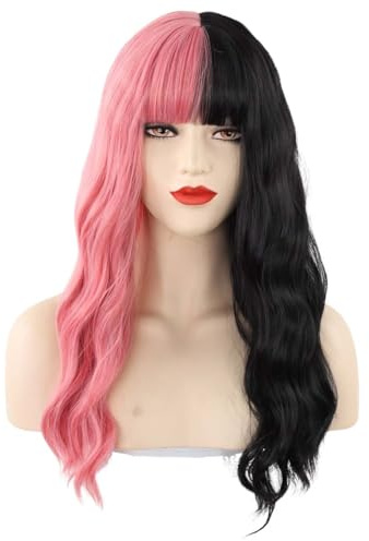 TOMIGO Lange Halb Schwarz und Halb Rosa Damen Wellige Cosplay Perücke