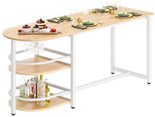 sogesfurniture Esszimmertisch 180x60 cm, robuster Esstisch Küchentisch in Metallgestell, mit Weinglashalter, 2 Ablagefläche, für Esszimmer, Küche, Wohnzimmer, Weiß Ahorn